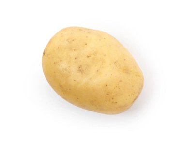 Bir taze çiğ patates, beyaza izole edilmiş, üst manzara.