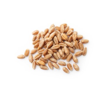 Olgun buğday taneleri yığını beyaz, üst görünümde izole