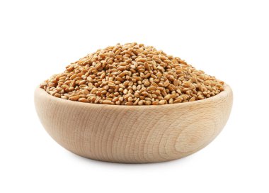 Wheat grains in bowl isolated on white