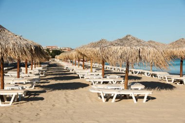 Kumlu sahilde hasır şemsiyeler ve güneşlikler