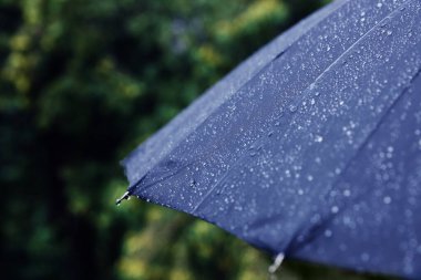 Dışarıda sağanak yağmur altında mavi şemsiye, yakın çekim. Metin için boşluk