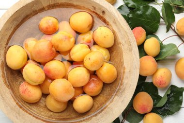 Taze kayısılar kasede su ve yeşil yapraklarla bembeyaz ahşap masada, düz yatıyordu.