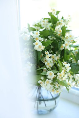 Güzel yasemin çiçekleri pencerenin yanındaki vazoda, yakın plan.