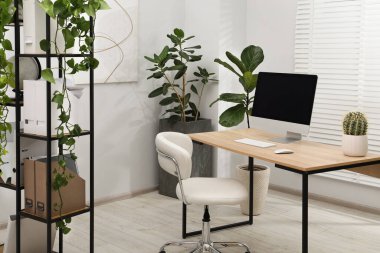 Biyofilik iç tasarım. Ofisinde bilgisayar ve ev bitkileri olan şık bir iş yeri