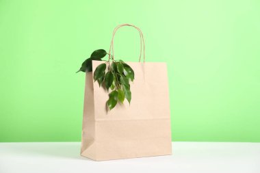 Çevre dostu ambalaj. Kese kağıdı ve yapraklar açık yeşil arka planda beyaz masada