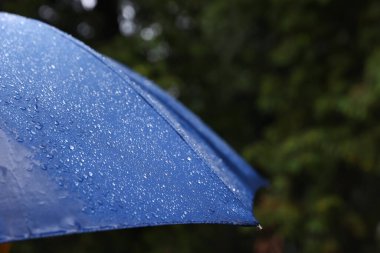 Dışarıda sağanak yağmur altında mavi şemsiye, yakın çekim. Metin için boşluk