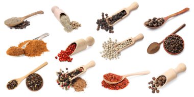 Farklı biber türleri, set. Beyazda izole edilmiş baharatlar