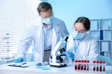 Tıbbi analiz. Laboratuvarda mikroskopla çalışan bilim adamları