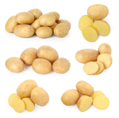 Beyaza izole edilmiş taze çiğ patates. Tam ve dilimlenmiş.