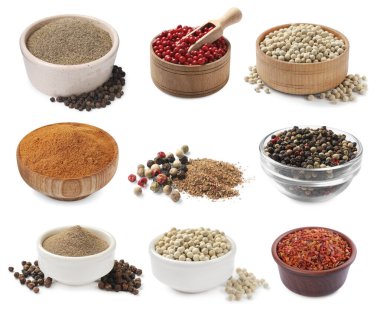 Farklı biber türleri, set. Beyazda izole edilmiş baharatlar