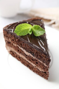 Bir parça lezzetli çikolatalı pasta, üzerinde nane şekeri, yakın plan.