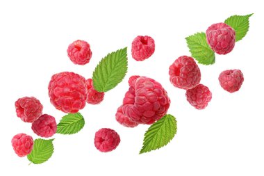 Beyaz arka planda uçuşan taze ahududu ve yeşil yapraklar