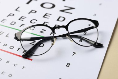 Bej arka planda görüş testi şeması ve gözlük, yakın plan