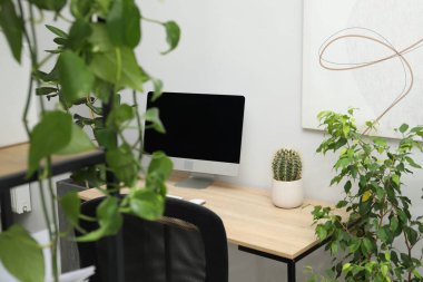 Biyofilik iç tasarım. Ofisinde bilgisayar ve ev bitkileri olan şık bir iş yeri