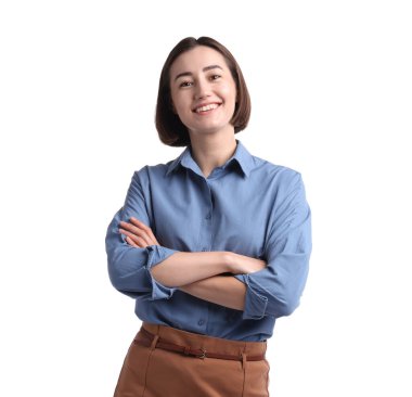 Beyaz arka planda üniformalı gülümseyen hostes portresi