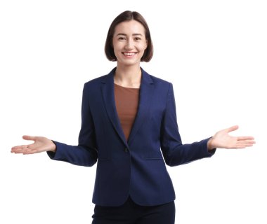 Portrait of hostess in uniform on white background