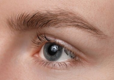 Kaş şekillendirme. Güzel kaşlı genç bir kadın, yakın plan.