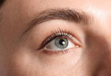 Kaş şekillendirme. Güzel kaşlı genç bir kadın, yakın plan.