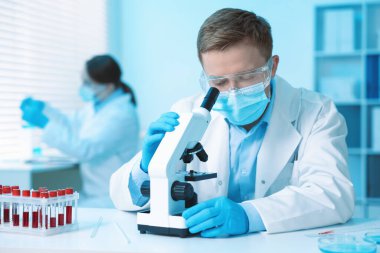 Tıbbi analiz. Laboratuvarda mikroskopla çalışan bilim adamı, seçici odaklanma