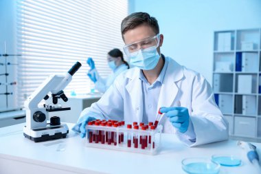 Tıbbi analiz. Laboratuvarda kan örneğiyle çalışan bir bilim adamı.