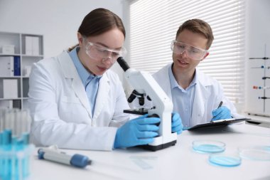 Tıbbi analiz. Laboratuvarda mikroskopla çalışan bilim adamları
