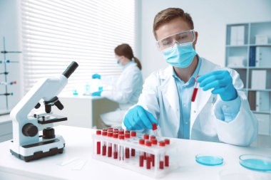 Tıbbi analiz. Laboratuvarda kan örneğiyle çalışan bir bilim adamı.