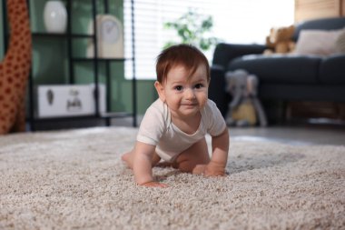 Evdeki halının üzerinde emekleyen sevimli küçük bebek.