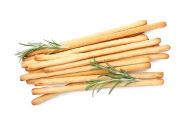 Lezzetli Grissini çubukları ve beyaz biberiye, üst manzara.