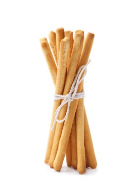 Bir sürü lezzetli Grissini çubuğu beyazda izole edilmiş
