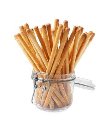 Lezzetli Grissini, beyaz kavanozda izole edilmiş.