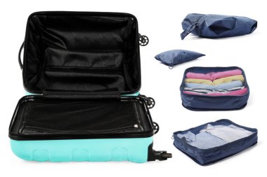 Giysi ve bavul dolu küpleri beyaz, set üzerine izole ediyorum.