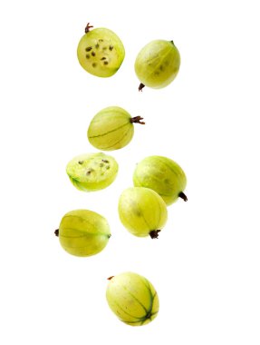 Taze yeşil bektaşi üzümleri beyaz arka plana doğru düşüyor