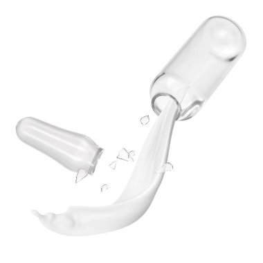 Kırık ampul ve beyaz zemine karşı havada tıbbi veya kozmetik sıvısı sıçraması.