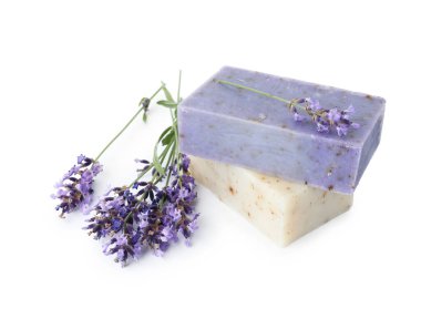 Sabun barları ve lavanta çiçekleri beyaza izole edilmiş.