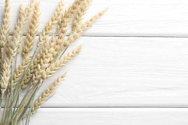 Beyaz ahşap masada bir sürü buğday çivisi var. Metin için boşluk