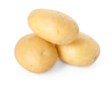 Beyaz üzerinde üç taze çiğ patates.