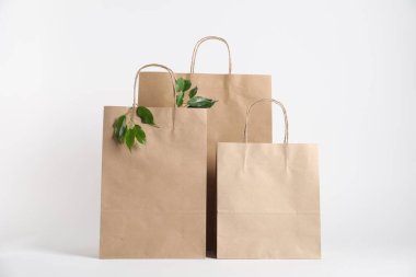 Çevre dostu ambalaj. Beyaz arkaplanda kağıt torbalar ve yapraklar