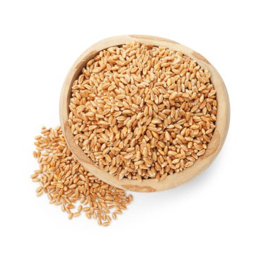 Kasedeki buğday taneleri beyaza izole edilmiş, üst manzara