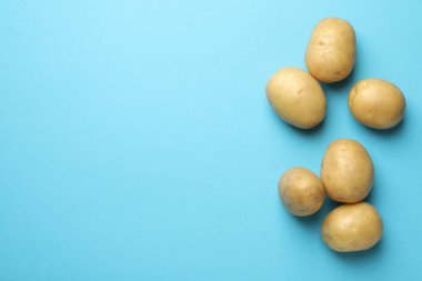 Açık mavi arka planda taze çiğ patates, üst manzara. Metin için boşluk