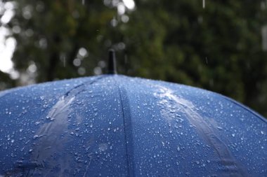 Sağanak yağmur altında mavi şemsiye, yakın çekim.