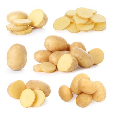 Beyaza izole edilmiş taze çiğ patates. Tam ve dilimlenmiş.