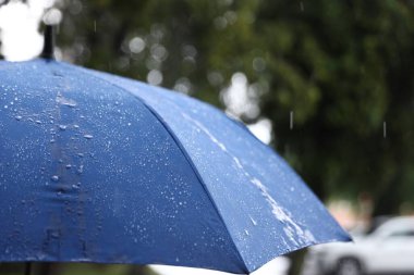 Sağanak yağmur altında mavi şemsiye, yakın çekim.