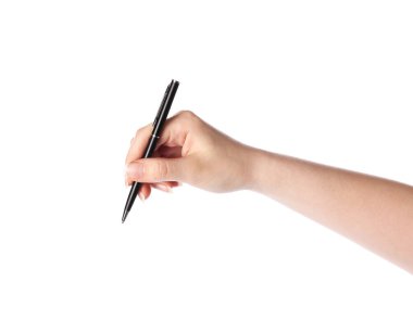 Beyaz arka planda kalem tutan kadın, yakın çekim