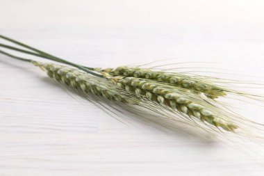 Yeşil buğday çivileri açık ahşap masada, yakın plan