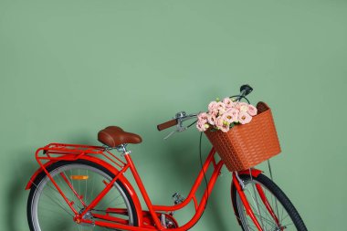 Açık yeşil duvarın yanında bir sepet güzel çiçekli bisiklet. Metin için boşluk