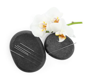 Akupunktur iğneleri, orkide çiçekleri ve beyaza izole edilmiş spa taşları.