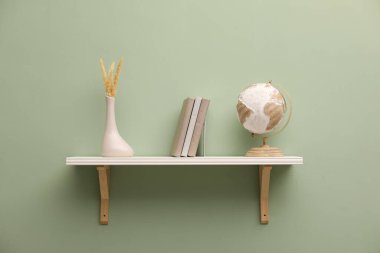 Kitaplı beyaz raf ve açık yeşil duvarlı ev dekorasyonu.