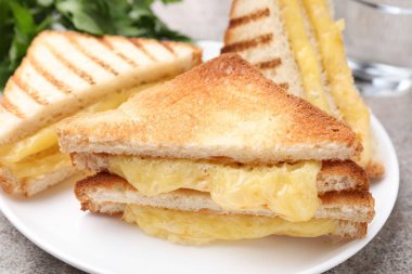 Eritilmiş peynirli ve maydanozlu lezzetli sandviçler, yakın plan.