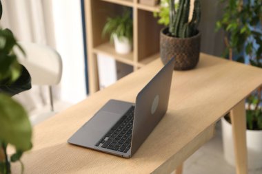 Laptop 'u ahşap masa ve çiçek dekoru olan şık bir iş yeri. Biyofilik iç tasarım