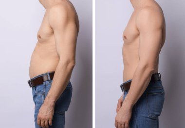 Kolajdan önce ve sonra insanın gri arka plana karşı iyi ve kötü duruş sergilediğini görüyoruz.